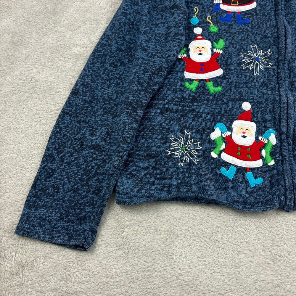 VTG Tiara International Christmas Santa Sweater Women L Blue Ramie Full Zip - Picture 4 of 16